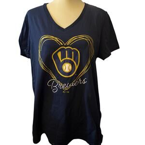 Majestic Milwaukee Brewers MLB Heart Logo V-Neck Tee, Women's Size XL, NWOT